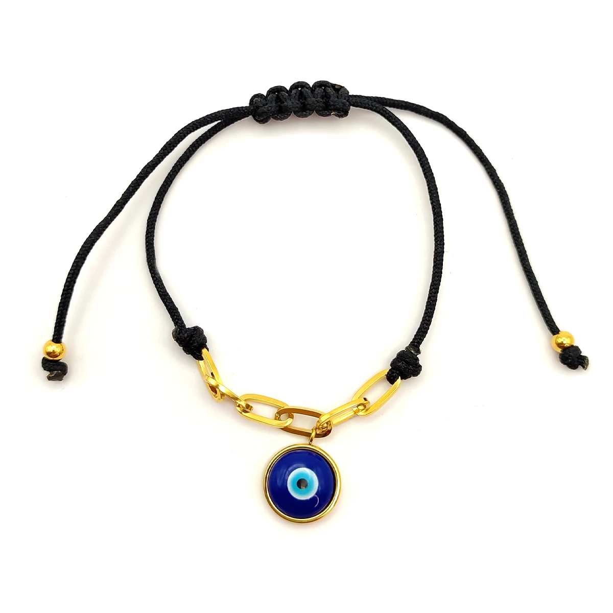 Pulsera Acero Dorado Hilo Negro Ojo turco Azul Recorrible