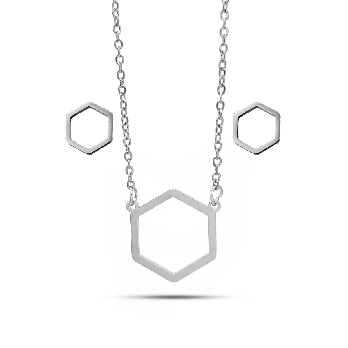 Set Joyeria Acero Contorno Hexagono Geometrico Sencillo