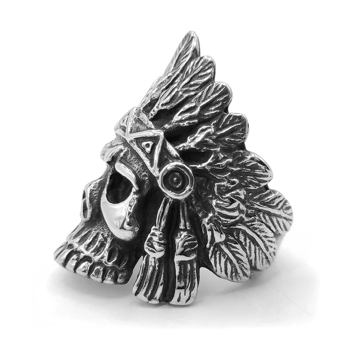 Anillo Acero Plateado Craneo Calavero Penacho Plumas (4)