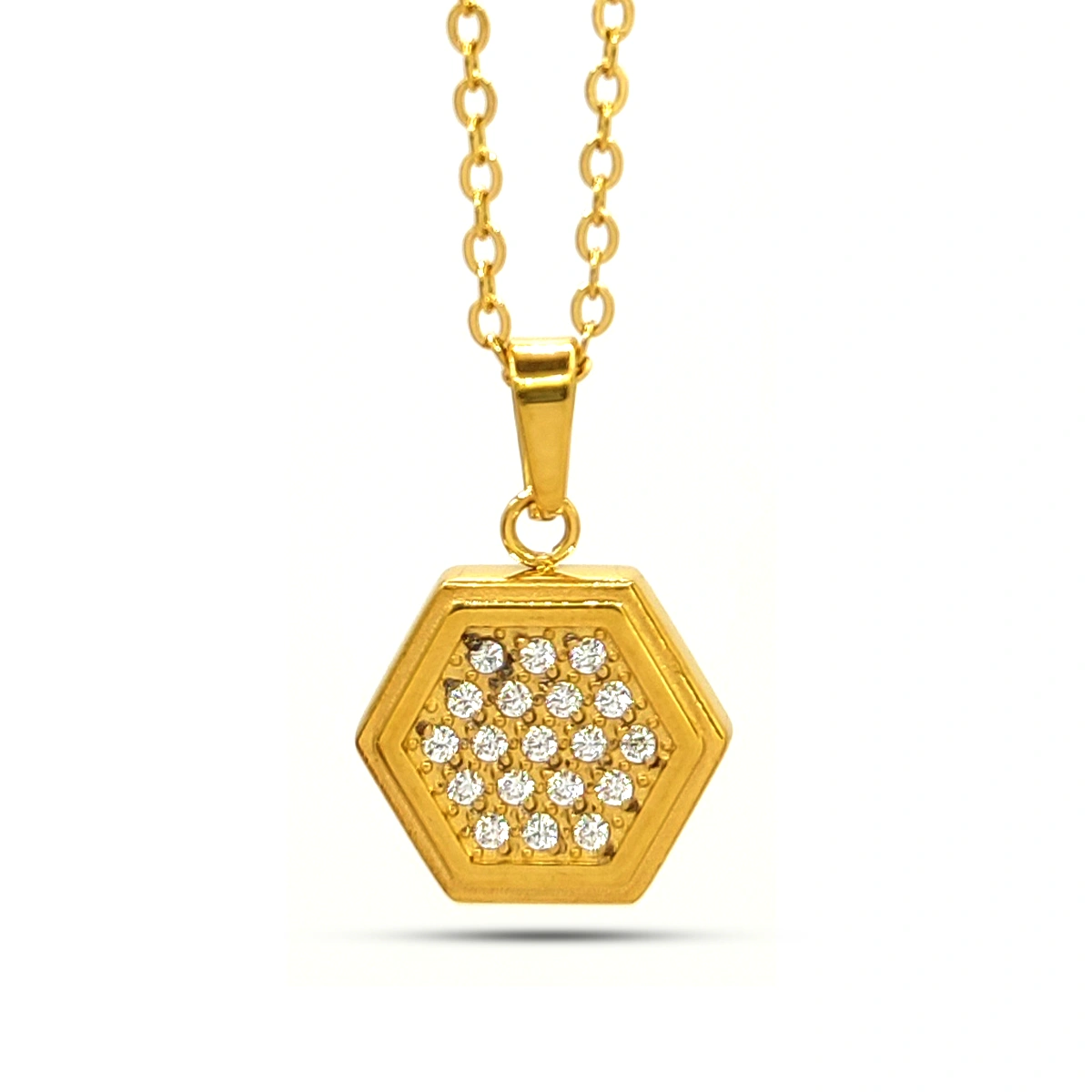 Collar Acero Dorado Mini Hexagono Cristales Elegante