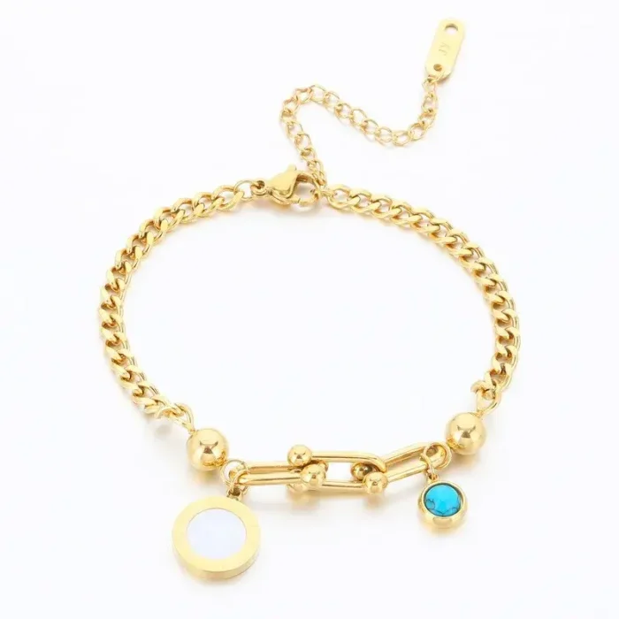 Pulsera Acero Dorado Colgantes Turquesa y Madre Perla