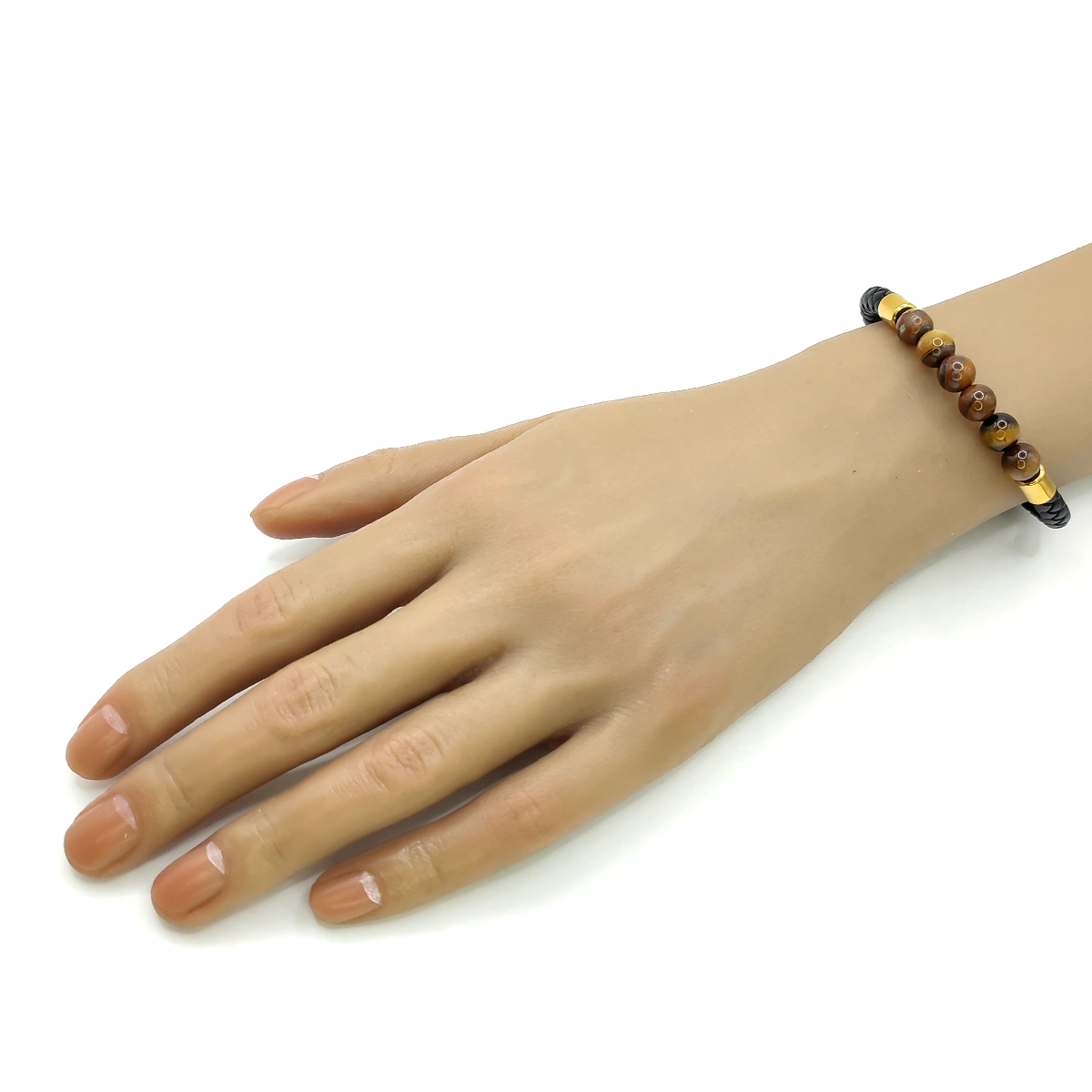 Pulsera Acero Dorado Piel Cuentas Ojo de Tigre Iman (3)