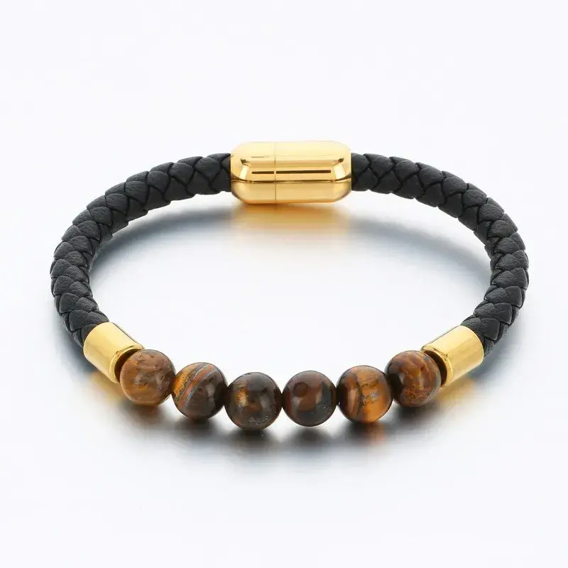 Pulsera Acero Dorado Piel Cuentas Ojo de Tigre Iman