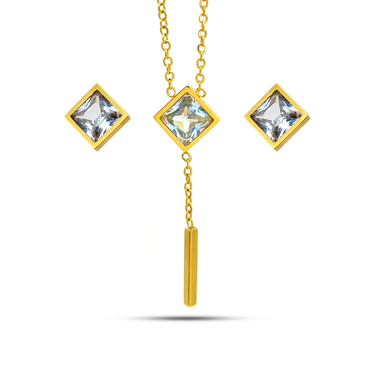 Set Joyeria Acero Inox Corbatin Rombo Cristal Claro