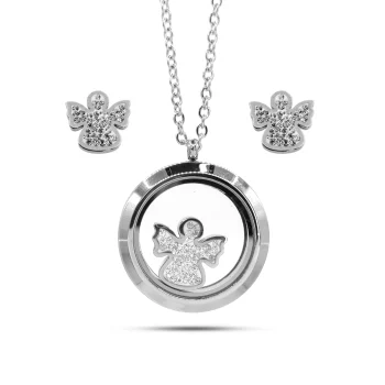 Set Joyeria Acero Plateado Relicario Angel Cristales