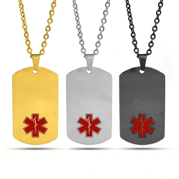 Collar Acero Placa Militar Símbolo Médico Para Grabado
