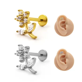 Piercing de Oreja Acero Flor de Zirconia con Tallo Curvo