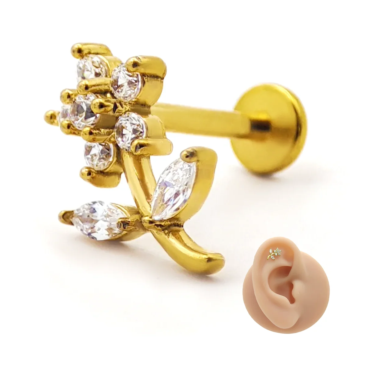 Piercing de Oreja Acero Flor de Zirconia con Tallo Curvo