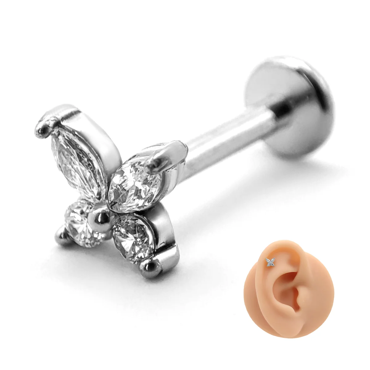 Piercing de Oreja Acero Mini Mariposa Zirconia Clara 1