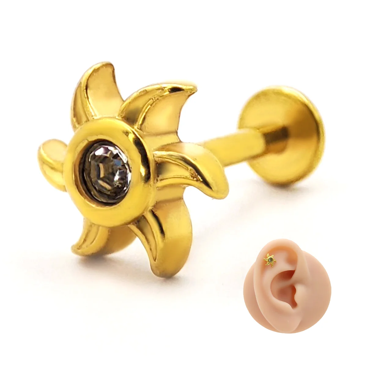 Piercing de Oreja Acero Sol Cristal Centro Zirconia