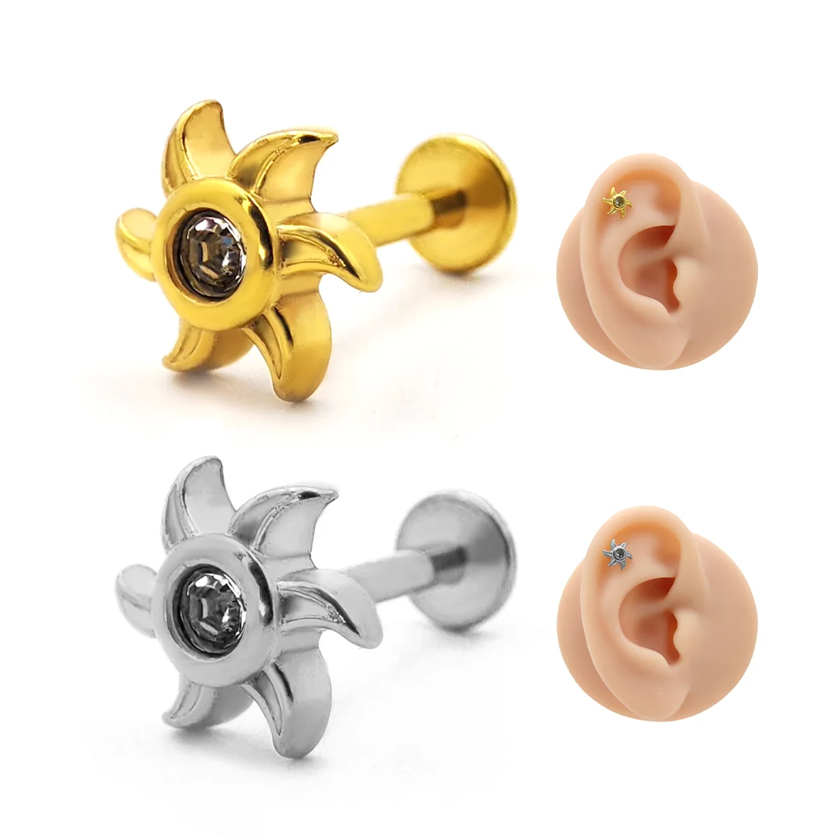 Piercing de Oreja Acero Sol Cristal Centro Zirconia