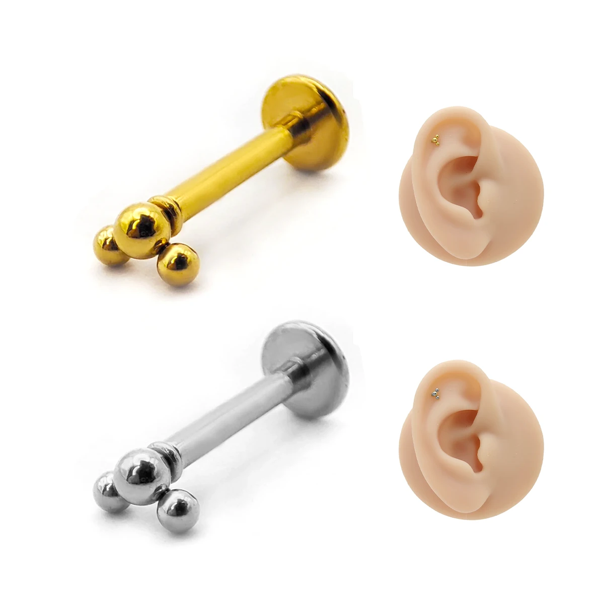 Piercing de Oreja Acero Tres Balines Esferas Minimalista