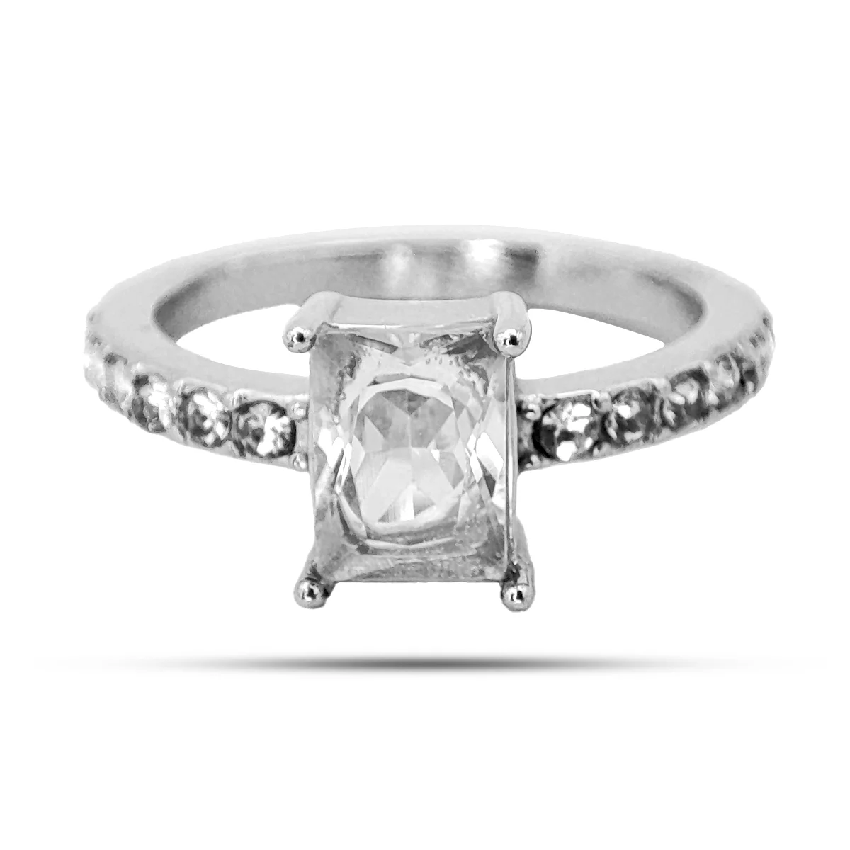 Anillo Acero Plateado Zirconia Rectangular Compromiso