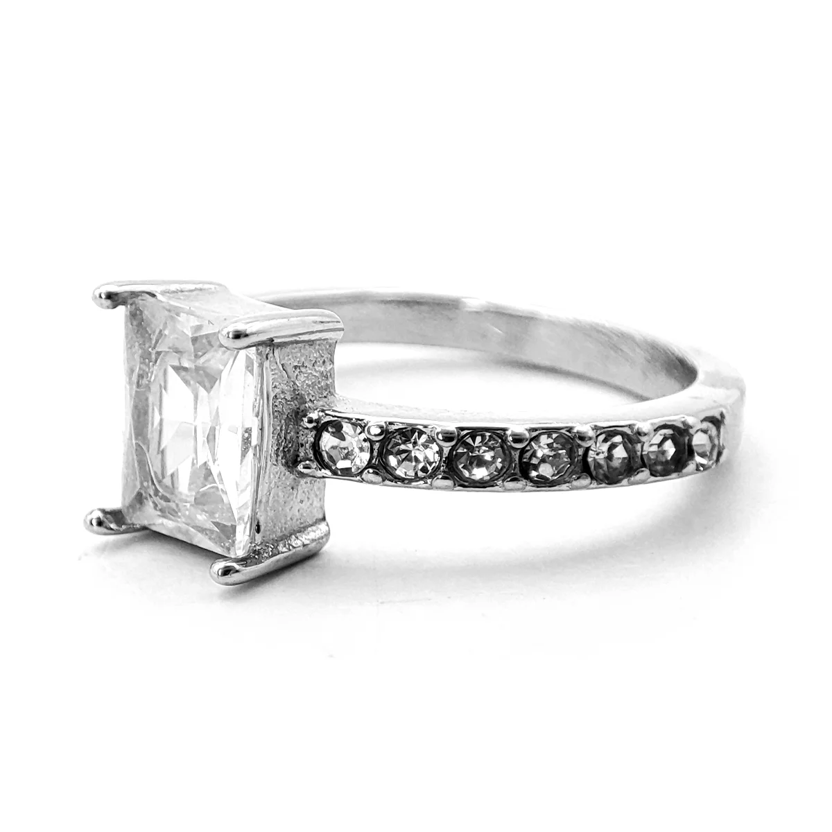 Anillo Acero Plateado Zirconia Rectangular Compromiso 3