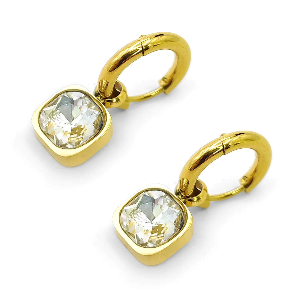 Aretes Acero Arracada Huggies Cristal Cuadrado Colgante 3