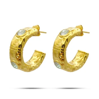 Aretes de acero dorado estilo bambú martillado con cristales. Originales, brillantes y resistentes al uso diario.