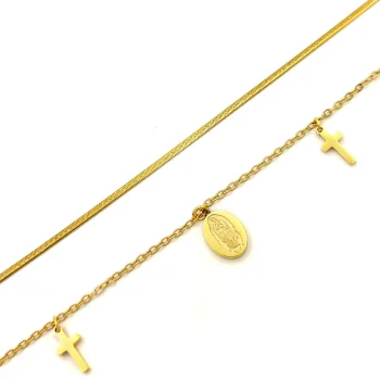 Collar Acero Doble Panza de Vibora Colgantes Cruz Virgen