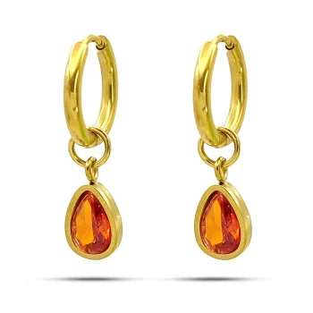 Aretes Acero Dorado Arracadas Huggies Colgante Gota Roja