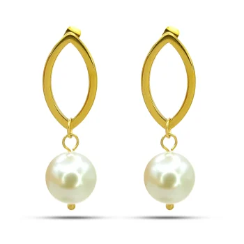 Aretes Acero Dorado Figura Marquesa Hueca Colgante Perla