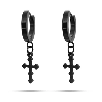 Aretes Acero Inox Negro Huggies Colgante Cruz Gótica