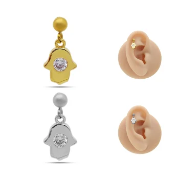 Piercing de Oreja Acero Bola lisa Colgante Mano de Fátima
