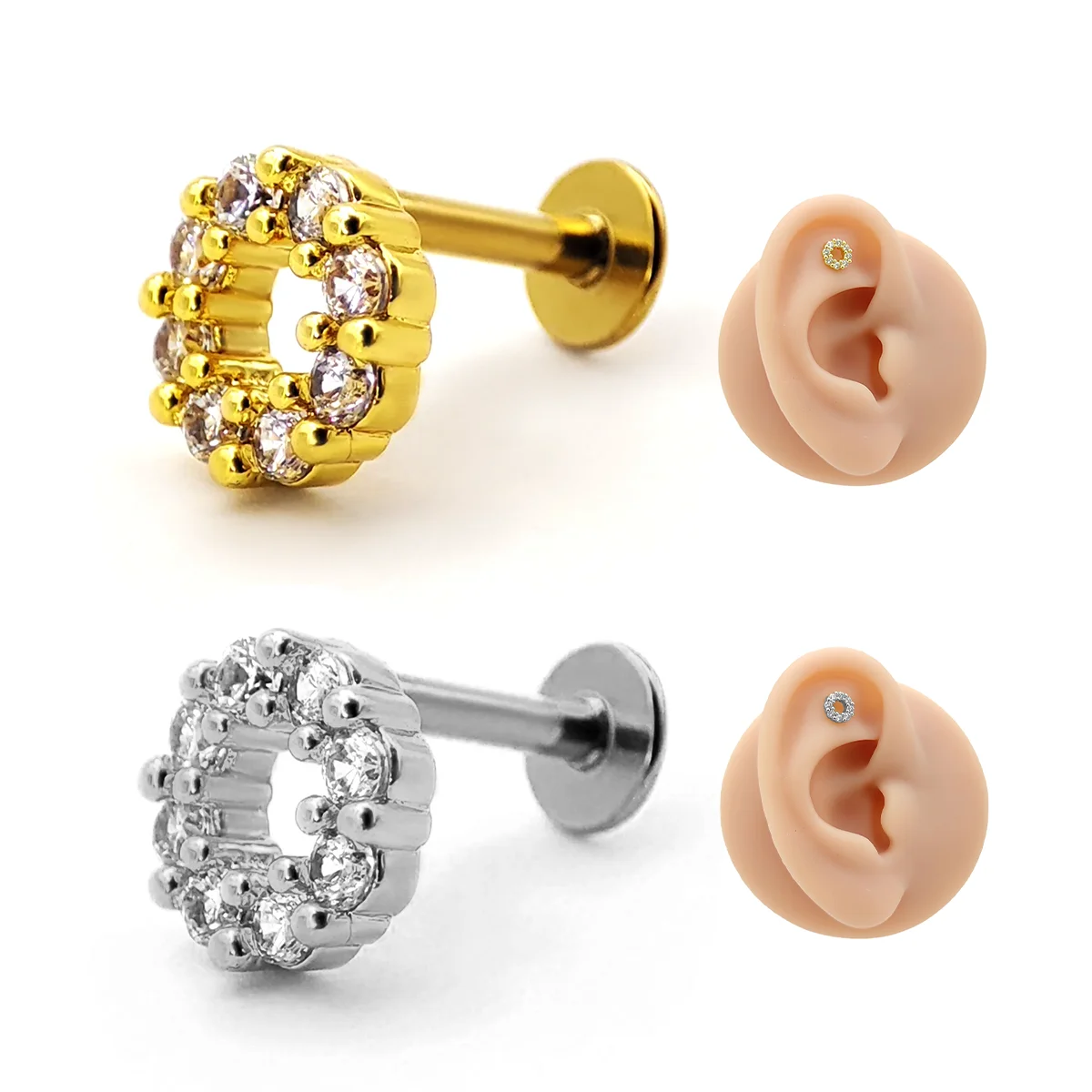 Piercing de Oreja Acero Circulo Hueco Contorno Cristales
