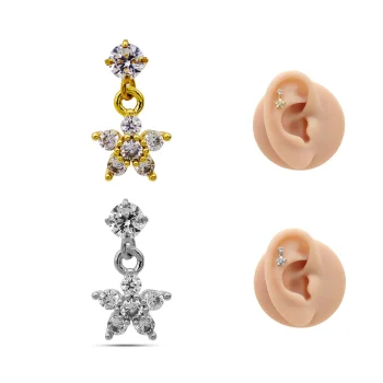 Piercing de Oreja Acero Colgante Flor Seis Zirconias