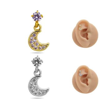 Piercing de Oreja Acero Colgante Luna Zirconia Clara
