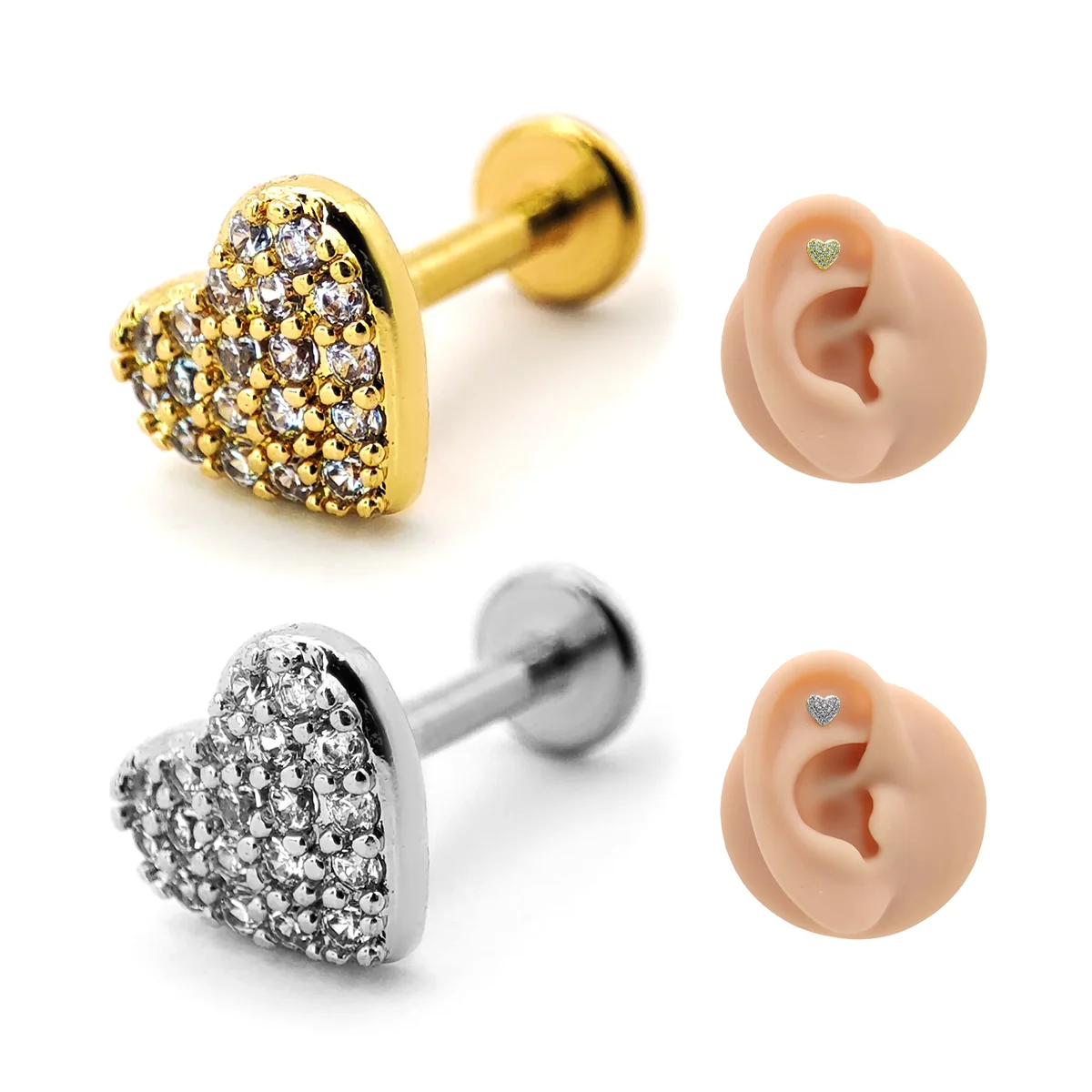 Piercing de Oreja Acero Corazón Relleno Micro Cristales