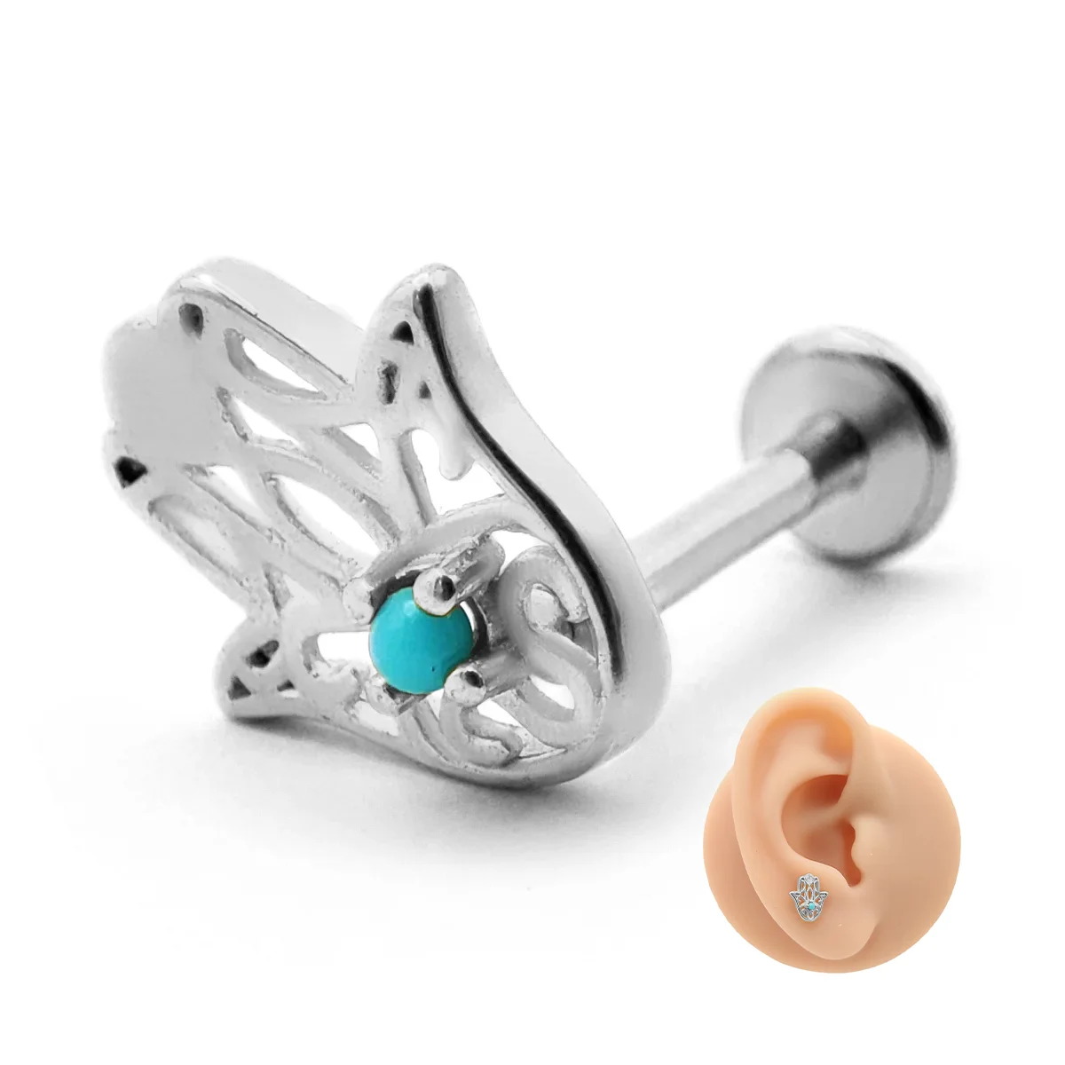Piercing de Oreja Acero Mano de Fatima Piedra Turquesa 3