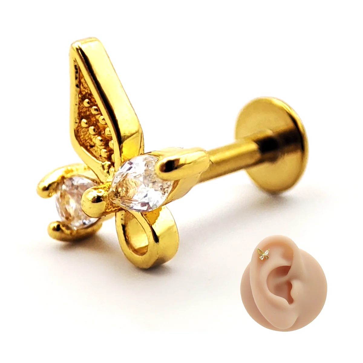 Piercing de Oreja Acero Mariposa Asimétrica Zirconia