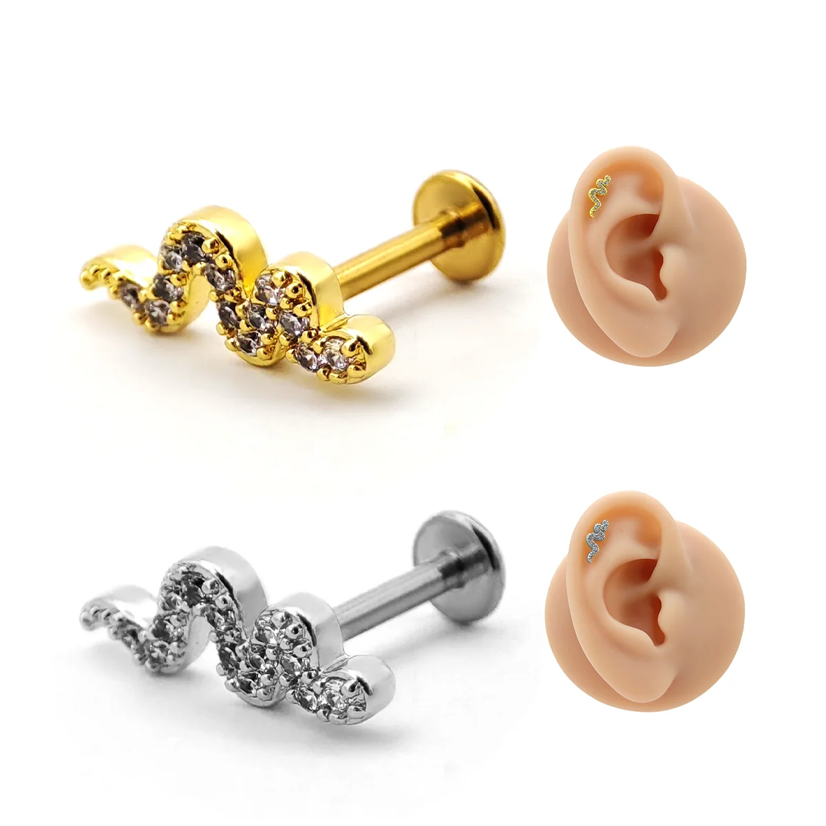 Piercing de Oreja Acero Serpiente Víbora Cristales Claros