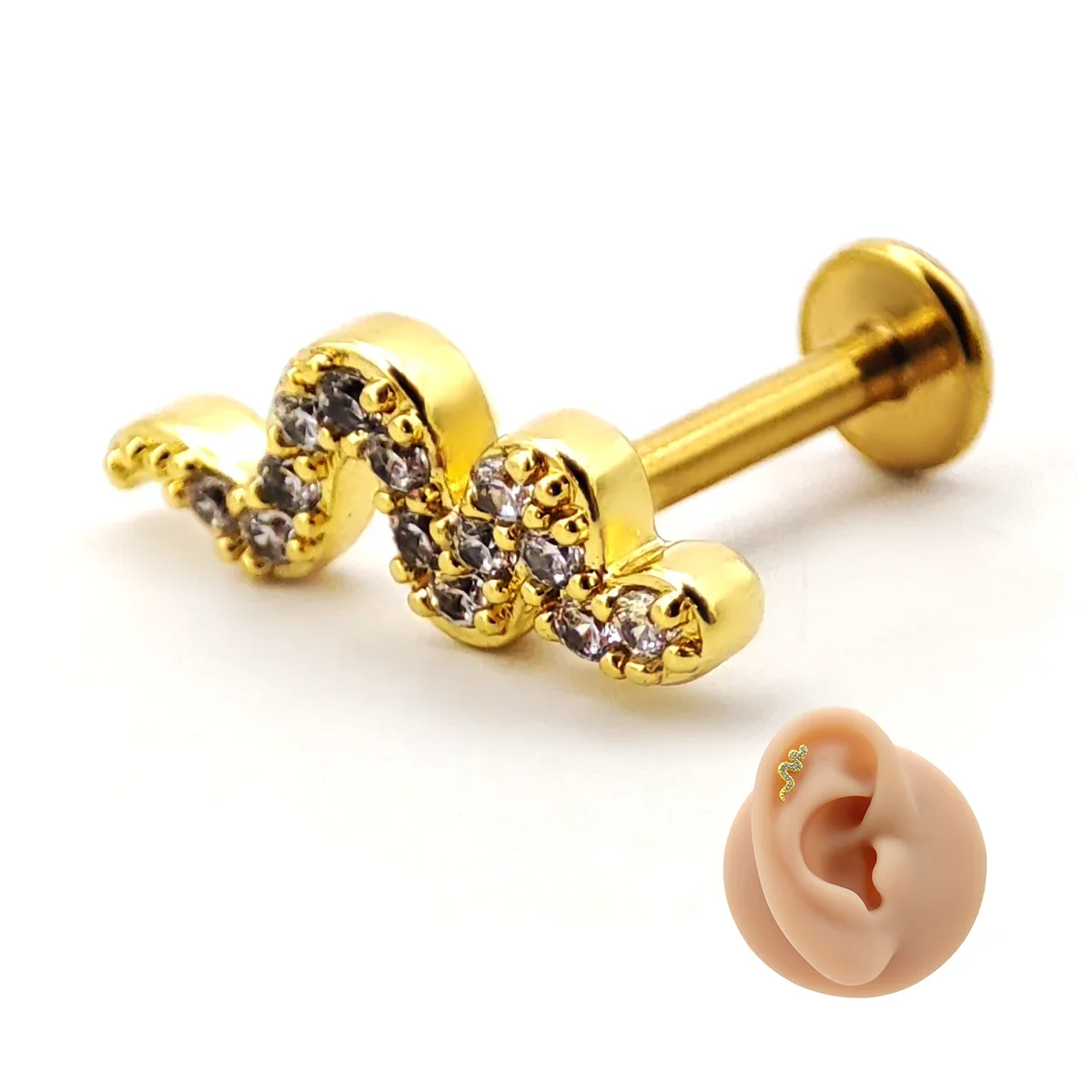 Piercing de Oreja Acero Serpiente Vibora Cristales Claros 8