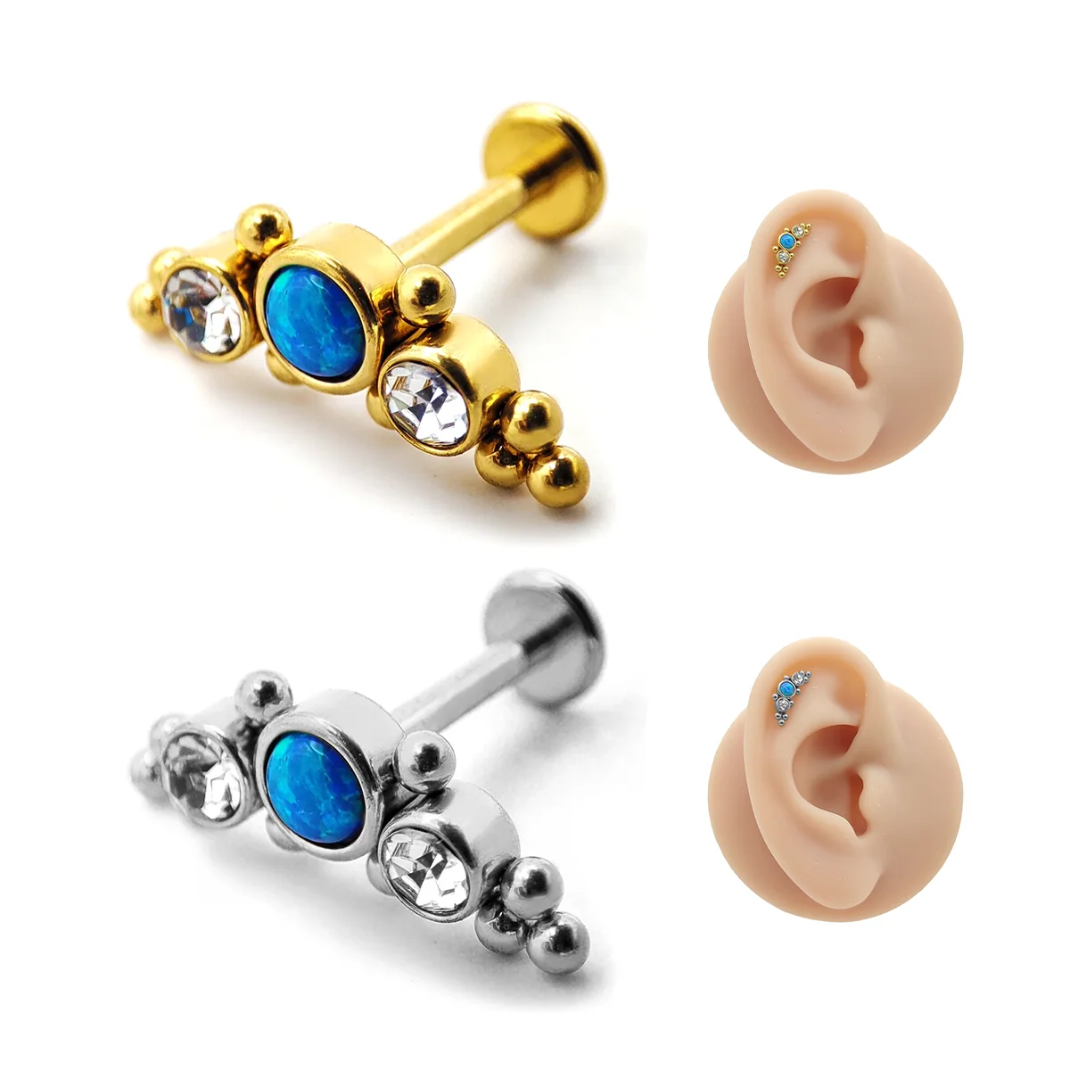 Piercing de Oreja Acero Trepador Cristales Opalo Azul