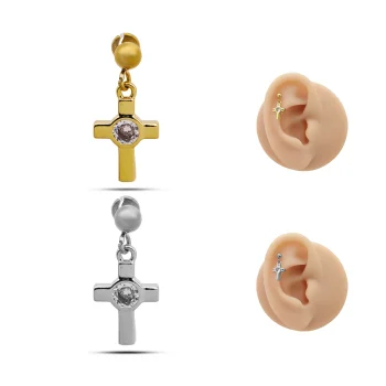 Piercing de Oreja Acero Bola lisa Colgante Cruz Cristal
