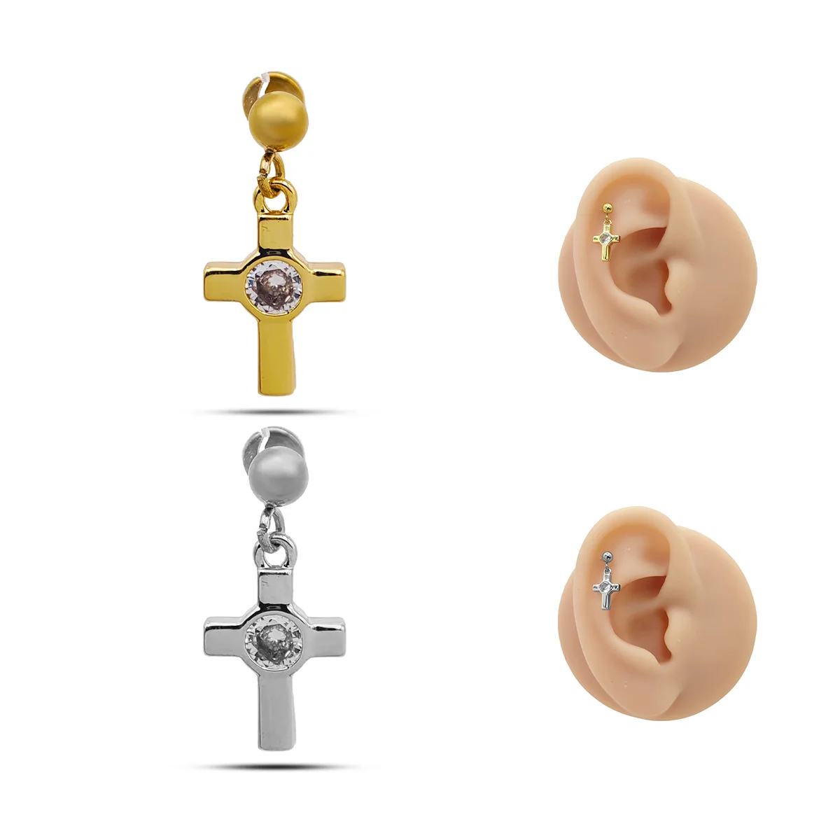 Piercing de Oreja Acero Bola lisa Colgante Cruz Cristal