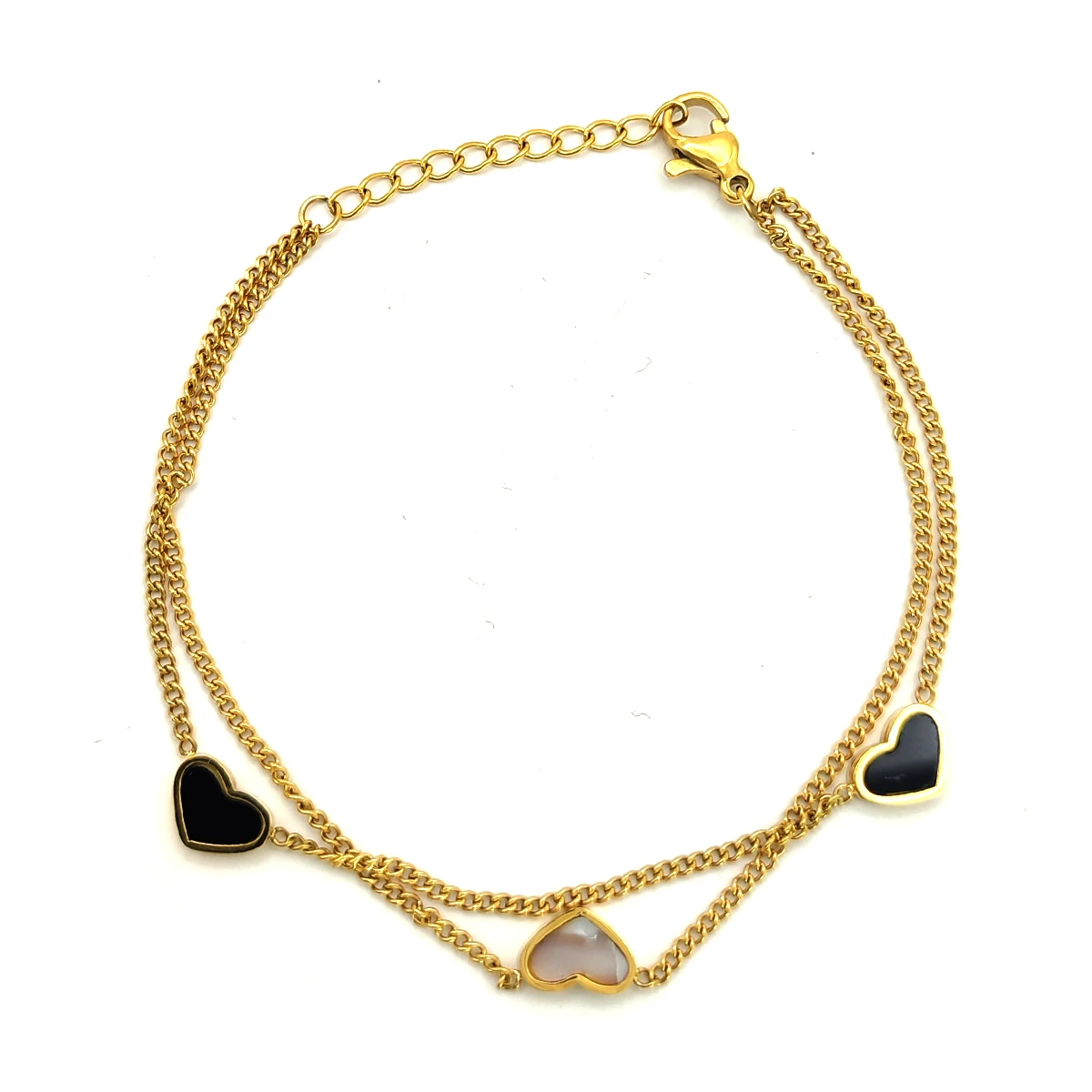 Pulsera Acero Dorado Doble Corazones Cristal Oval Torzal
