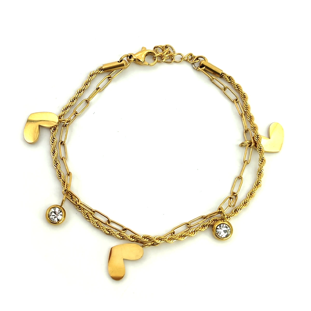 Pulsera Acero Dorado Doble Corazones Cristal Oval Torzal