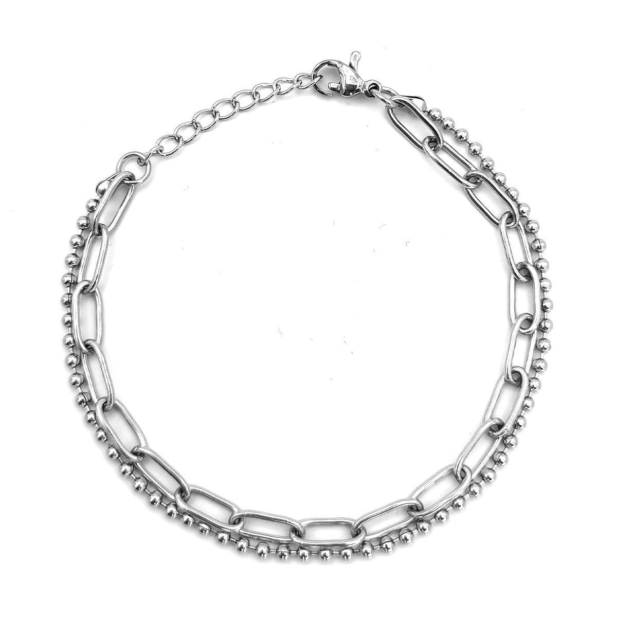 Pulsera Acero Plateado Doble Eslabon Oval Bolitas Militar
