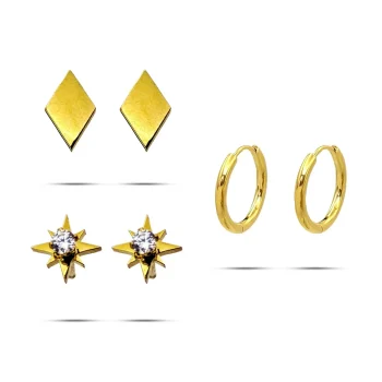 Set Aretes Acero Dorado Huggies Estrella Cristal Rombo