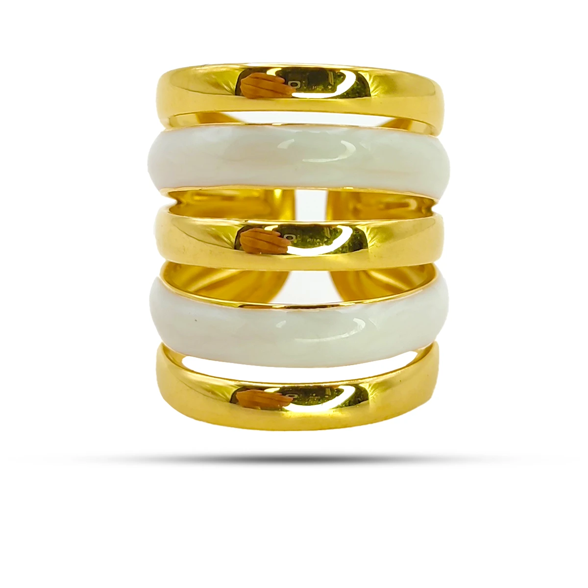 Anillo Acero Dorado 5 Lineas Resina Aperlada Ajustable