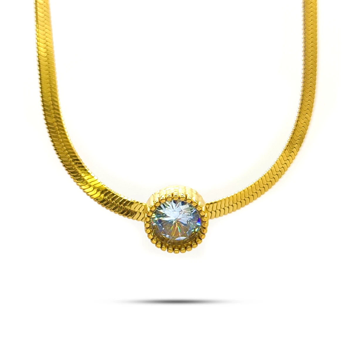Collar Acero Dorado Cadena Planchada Cristal Redondo