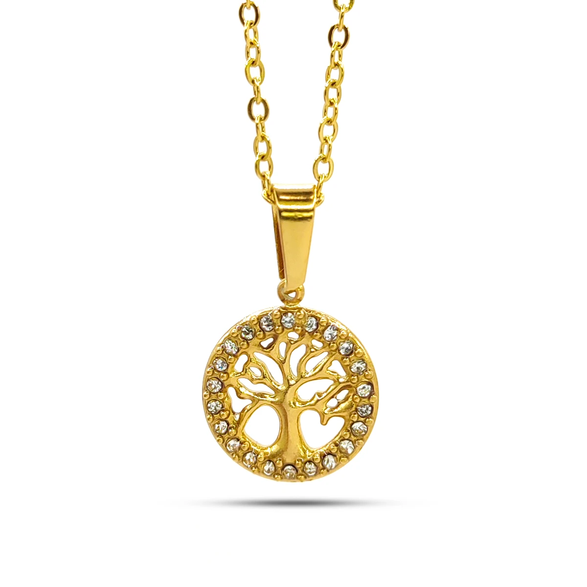 Collar Acero Dorado Medalla Arbol de la Vida Cristales