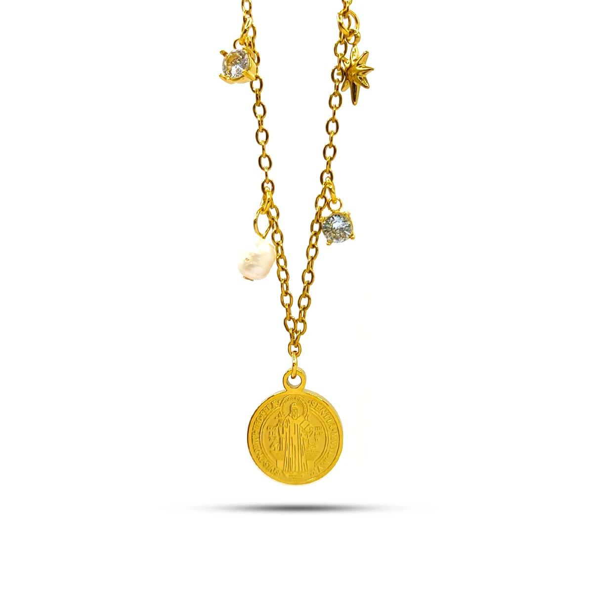 Collar Acero Inox Dorado Medalla San Benito Perla de Rio