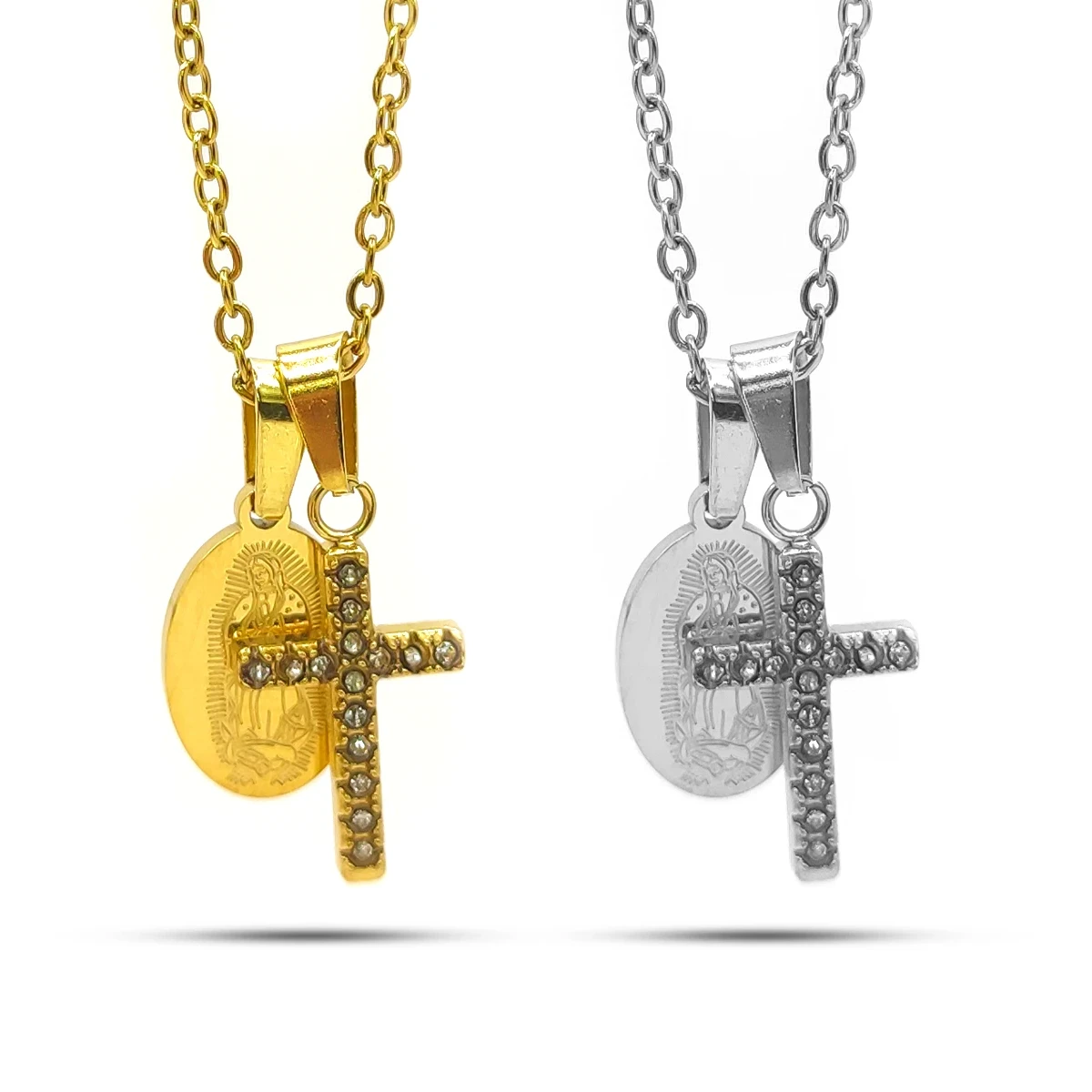 Collar Acero Inox Medalla Virgen Guadalupe Cruz