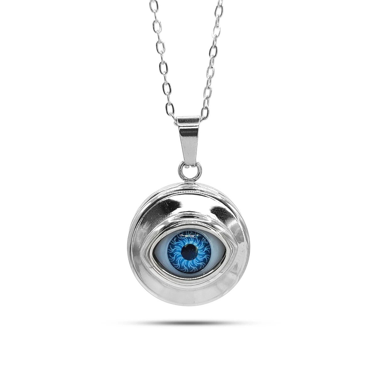 Collar Acero Plateado Relicario Liso Ojo Realista Azul