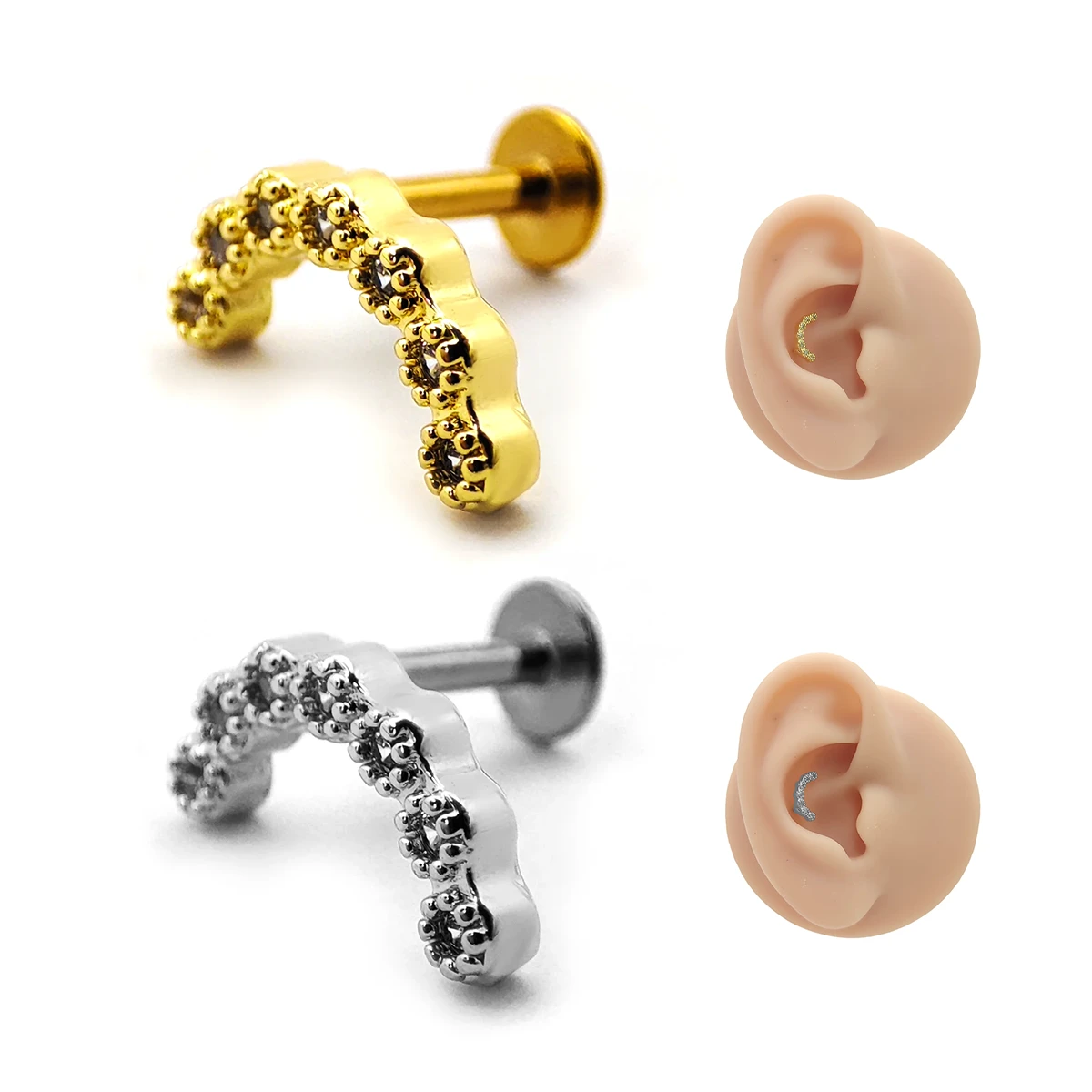 Piercing de Oreja Acero Curvo Siete Cristales Planos