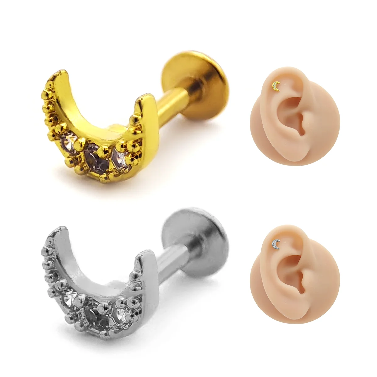 Piercing de Oreja Acero Mini Luna Creciente Cristales