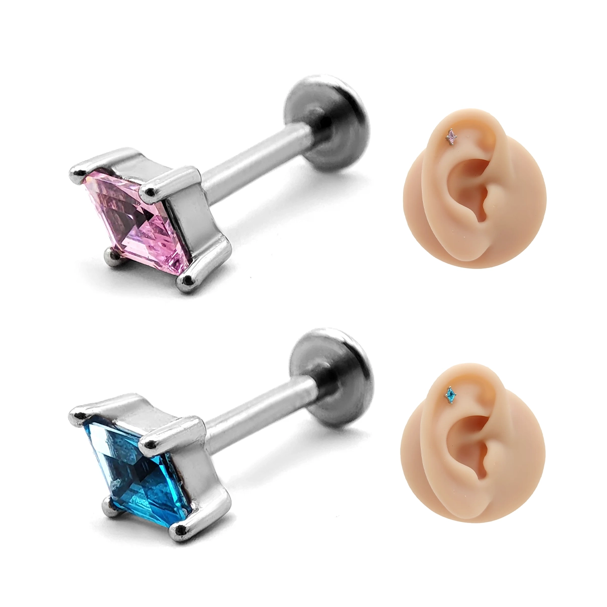 Piercing de Oreja Acero Plateado Rombo Cristal Color