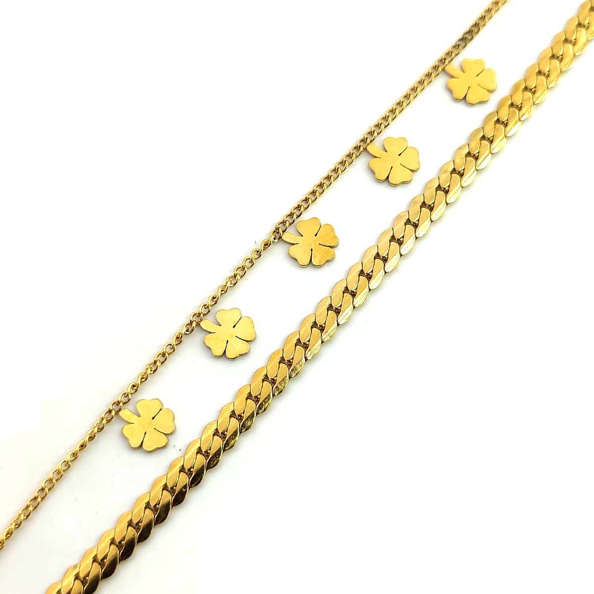 Pulsera Acero Dorado Doble Planchada Cubana Trebol